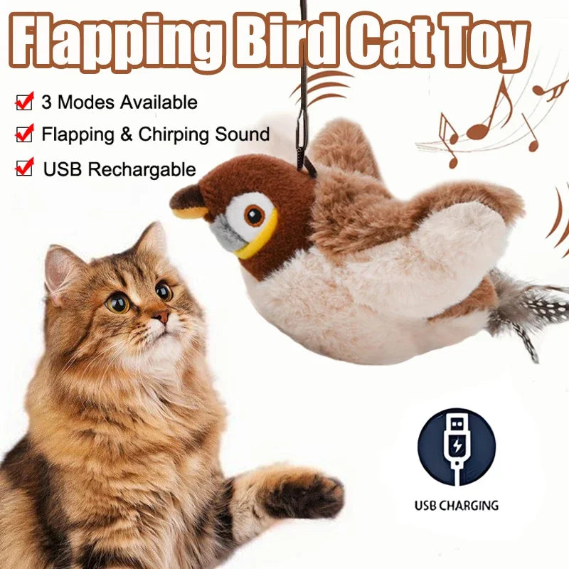 Interactive Cat Toy – Rechargeable Flapping Bird with Catnip | Touch-Activated Plush Simulation Bird for Cats