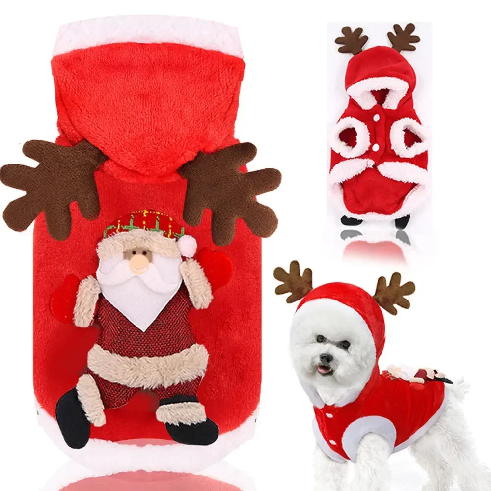 Christmas Pet Hoodie – Warm Santa & Elk Coat for Small & Medium Dogs & Cats