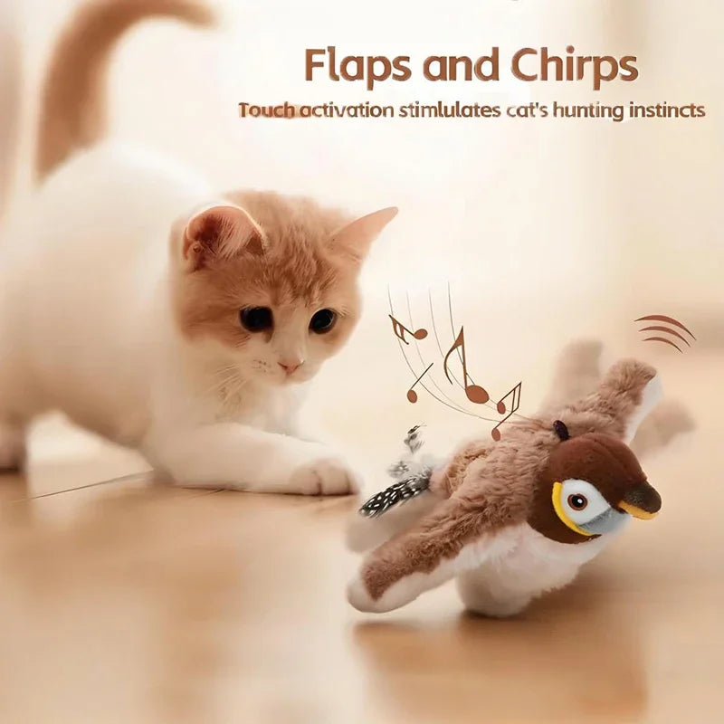 Interactive Cat Toy – Rechargeable Flapping Bird with Catnip | Touch-Activated Plush Simulation Bird for Cats