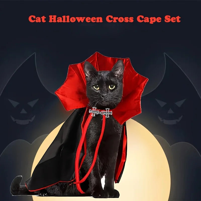 Spooky Halloween Vampire Costume for Cats – Cloak & Hat Set