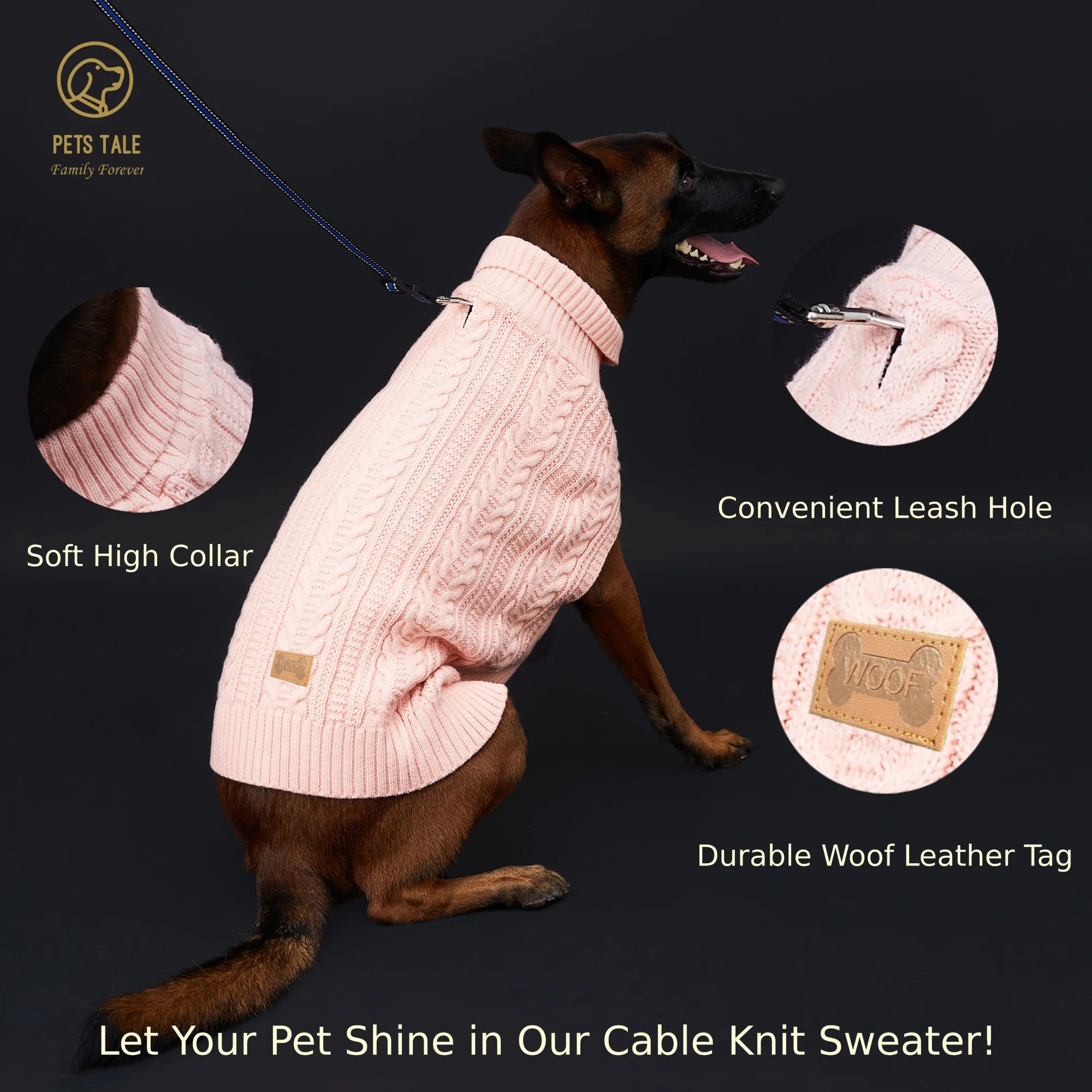 Cable Knit Dog Sweater – Soft High Collar with Leash Hole, 4 Colors