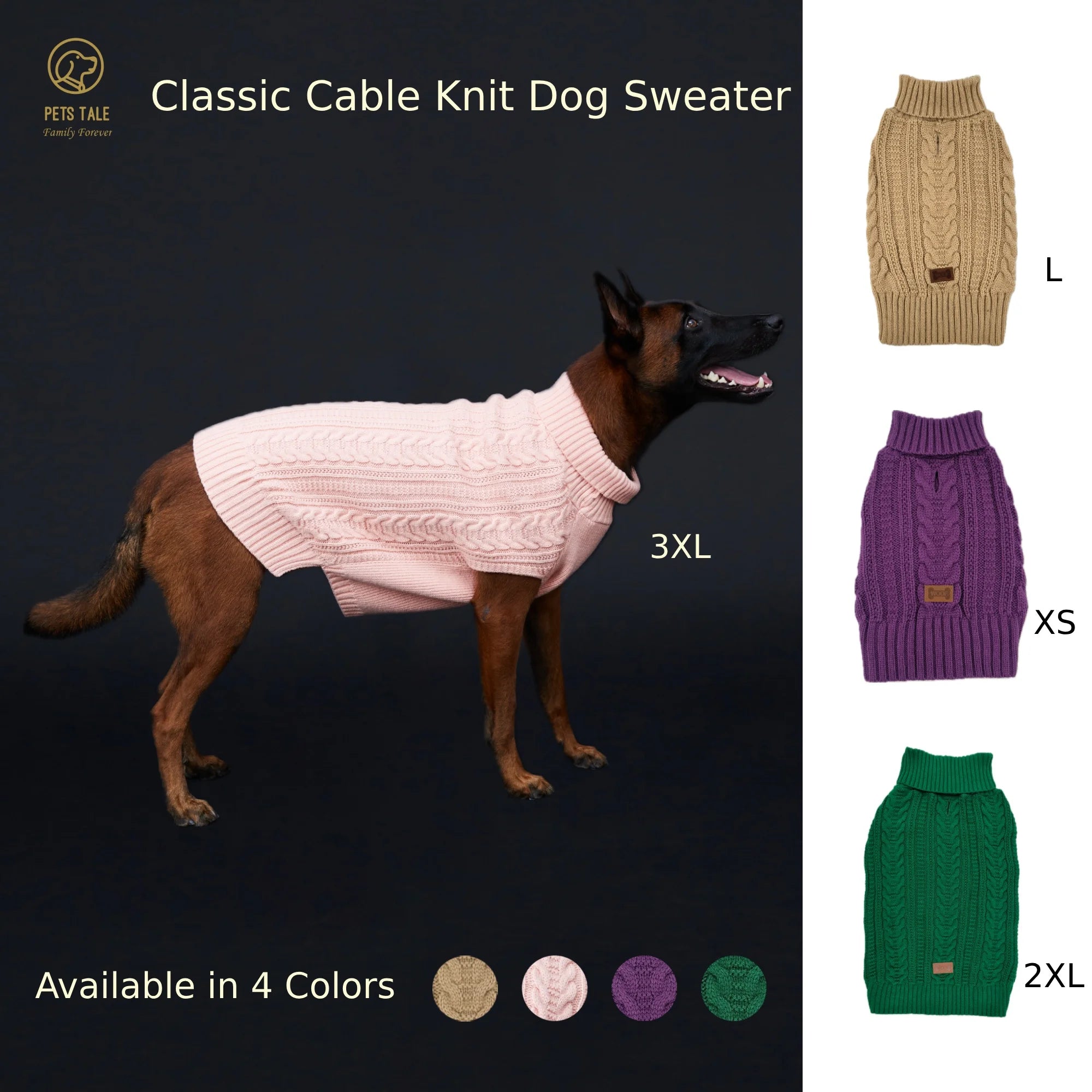 Cable Knit Dog Sweater – Soft High Collar with Leash Hole, 4 Colors